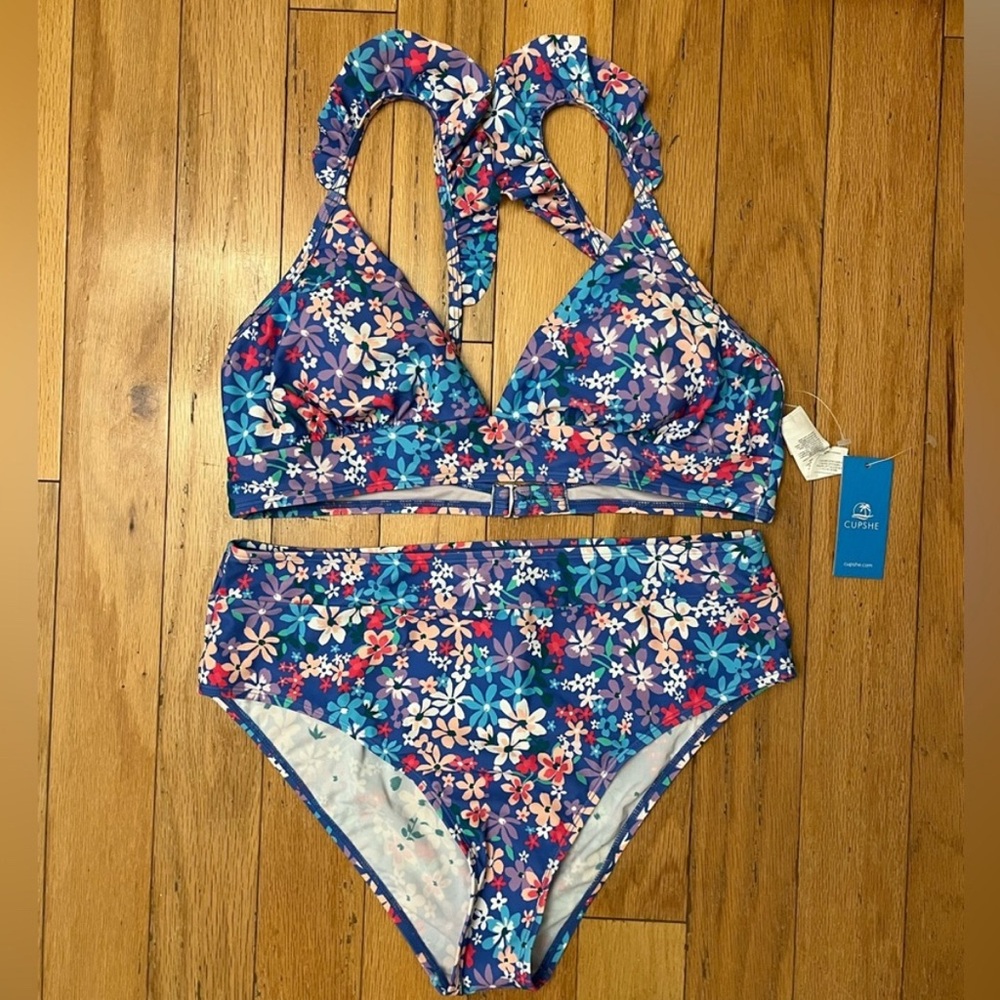 Cupshe Floral Bikini Blue and Purple Accents Size Large NWT